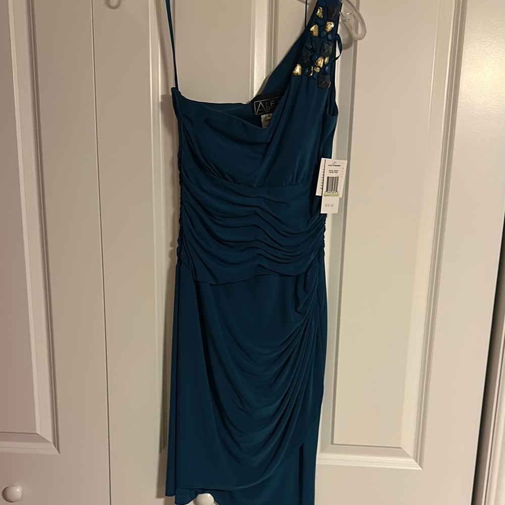 Alex Evenings Teal One-Shoulder Dress
